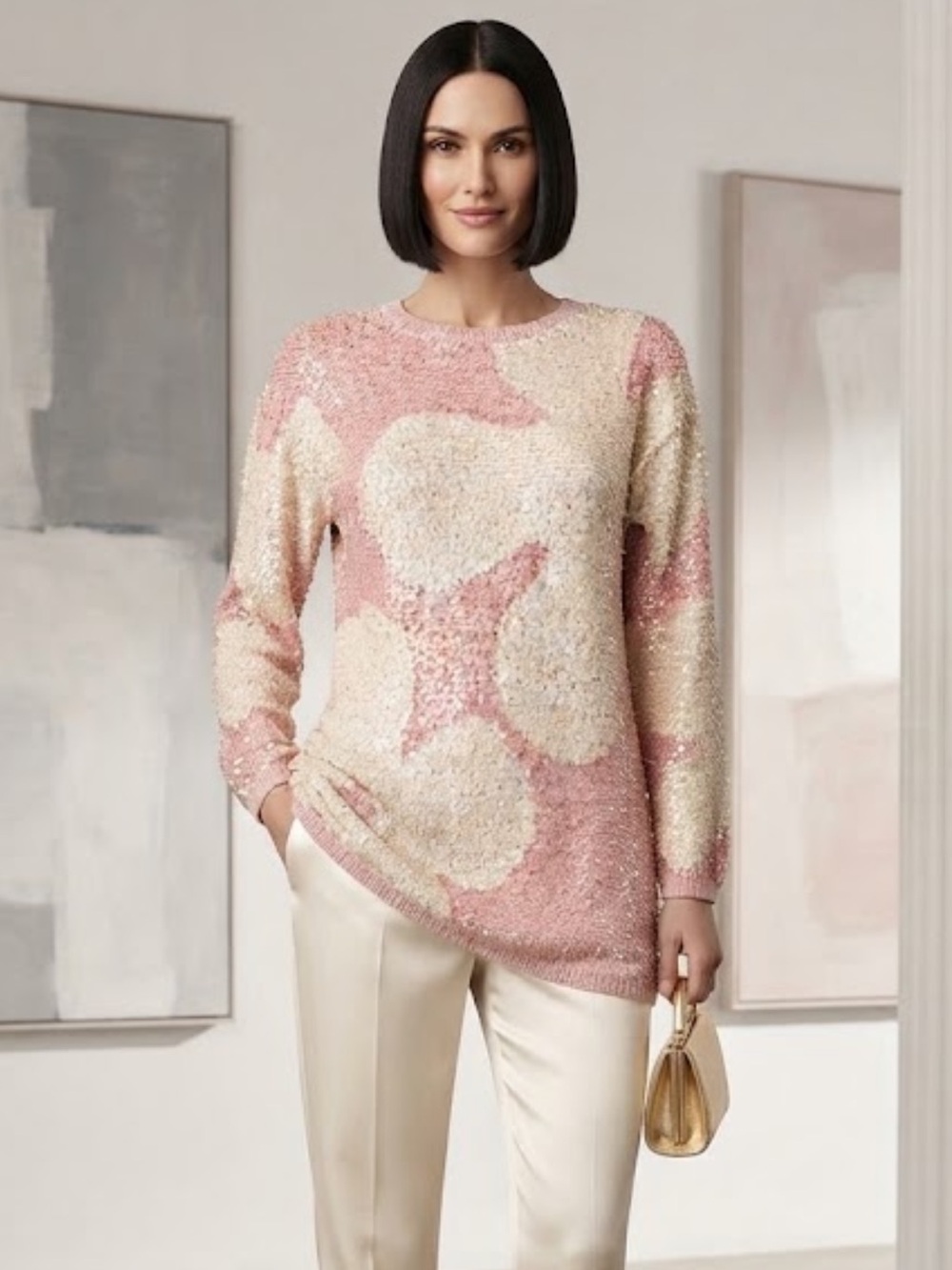 Vintage Adrienne Vittadini Sequin Popcorn Hand Knit Sweater Tunic Pink Ivory